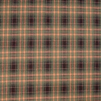A close-up of Longan Craft's Plaid Mammoth Flannel Fabric by the yard, showing green, black, and tan checkered lines on comfy polyester-rayon flannel—ideal for shirts and crafts.