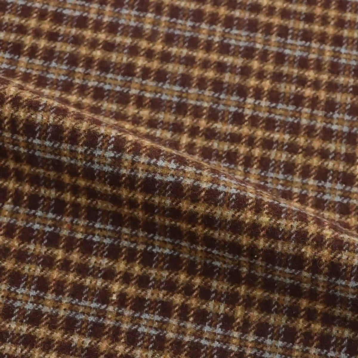 Plaid Wool Fabric By The Yard in brown brushed fabric with a beige and light blue pattern.