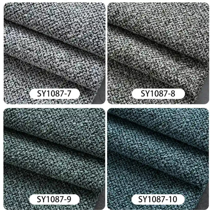 Four shades of gray and blue Pebble-like Plain Color Boucle Fabric By The Yard (SY1087-7, SY1087-8, SY1087-9, SY1087-10) from Longan Craft—thick polyester upholstery material perfect for drapery or furniture.