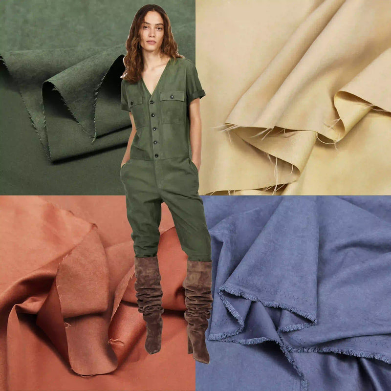 A woman in a green jumpsuit stands among four rough-edged fabric swatches—green, beige, rust, and blue—of Longan Craft's Multi Color Microsuede Polyester Peachskin Fabric by the yard, featuring soft brushed peach skin texture.