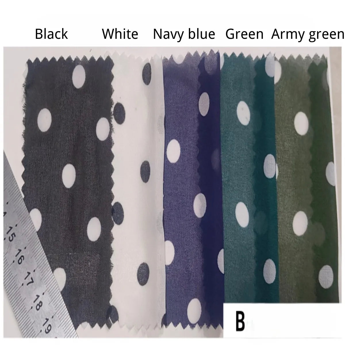 Five vertical swatches of Polka Dot Print Chiffon Fabric By The Yard in black, white, navy blue, green, and army green with white polka dots, shown next to a measuring ruler.