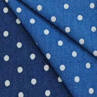 Folded Longan Craft Polka Dot Printed Denim Fabric in dark and light blue, showing depth.