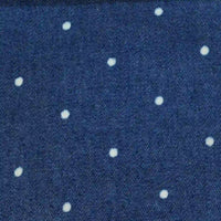 Polka Dot Printed Denim Fabric By The Yard in dark blue with a white polka dot pattern.