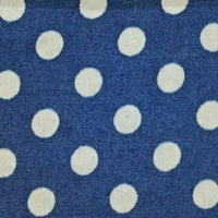 Polka Dot Printed Denim Fabric By The Yard in blue with a white polka dot pattern.