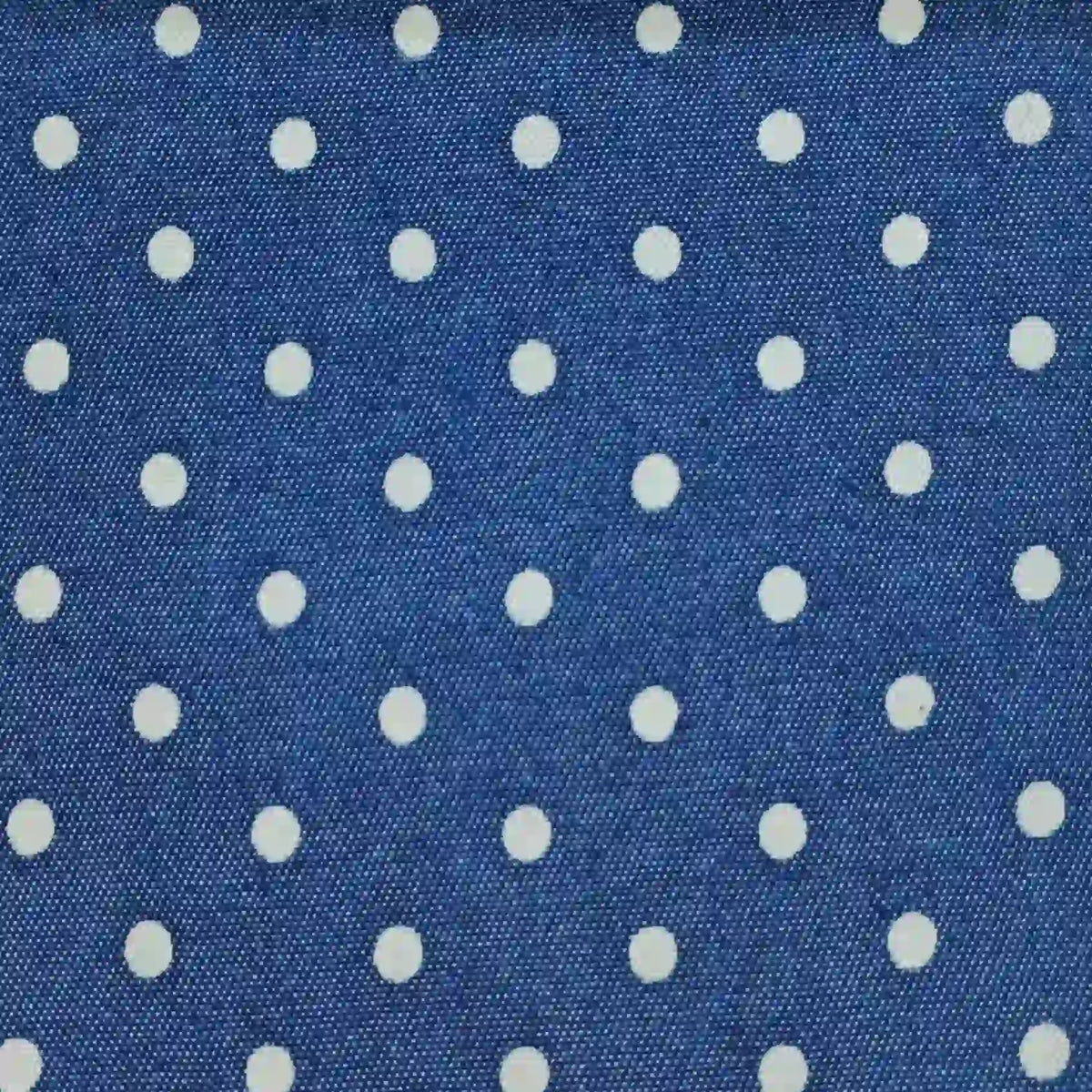 Polka Dot Printed Denim Fabric By The Yard in blue, featuring a repeating pattern of small white dots.