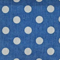 Polka Dot Printed Denim Fabric By The Yard in blue with a white polka dot pattern.