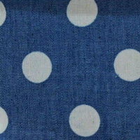 Polka Dot Printed Denim Fabric By The Yard in blue cotton polyester with a white polka dot print.