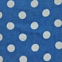 Polka Dot Printed Denim Fabric By The Yard in blue with a white polka dot print.