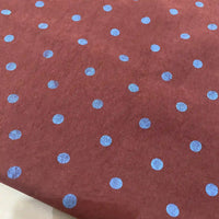 Brown Polka Dot Printed Faux Suede Fabric By The Yard featuring a blue polka dot pattern.