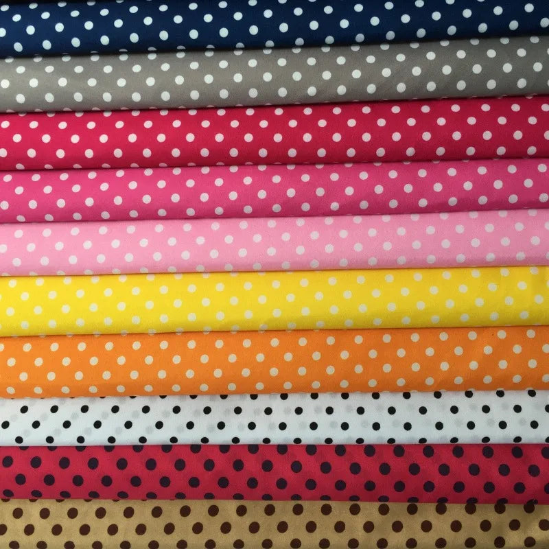 Polka Dot Printed Peachskin Fabric by Longan Craft: colorful microfiber polyester fabric with white or black polka dots in blue, gray, red, pink, yellow, orange, white, and brown. Soft peachskin texture—perfect for DIY skirts and dressmaking projects.