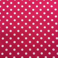 Longan Craft’s Polka Dot Printed Peachskin Fabric By The Yard features a vibrant pink microfiber polyester with evenly spaced white polka dots, offering a soft peachskin texture perfect for stylish DIY skirts and dressmaking projects.