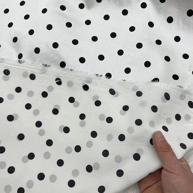 A hand holds two white fabrics with black polka dots; the top is Longan Craft’s Polka Dot Stretch Silk Fabric By The Yard, 19 Momme Spandex Silk—ideal for vintage clothing—while the bottom has faded, less distinct dots.
