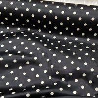 Longan Craft’s Polka Dot Stretch Silk Fabric by the yard features smooth 19 momme spandex silk printed with evenly spaced white dots—perfect for vintage clothing, evening gowns, or bridal wear.