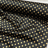 Longan Craft's Polka Dot Stretch Silk Fabric By The Yard, 19 Momme spandex printed silk, features small gold dots on black—ideal for vintage clothing, chic bridal wear, or elegant evening gowns.