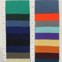 Polyester Gabardine Fabric By The Yard from Longan Craft shown in green, blue, black, orange, purple, and beige swatches (numbers 27–48) with zigzag edges arranged in two columns on a white background. Perfect for stylish jackets.