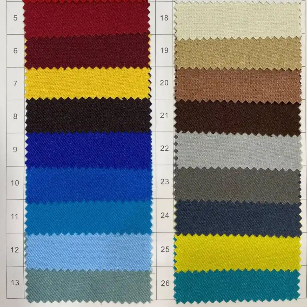 The Longan Craft Polyester Gabardine Fabric By The Yard offers 26 wrinkle-resistant, vibrant plain color twill swatches in reds, yellows, blues, browns, grays, and tans—perfect premium material for stylish jackets.