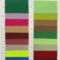 The Longan Craft Polyester Gabardine Fabric color chart features 20 plain twill fabric swatches (labels 53–74) in greens, reds, browns, yellow, pink, purple, and gray—each wrinkle-resistant with a zigzag edge.