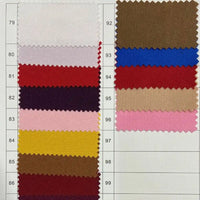 Swatches of Longan Craft's Polyester Gabardine Fabric By The Yard, a premium plain color twill for stylish jackets, are arranged in two columns on a white grid, each with zigzag edges in shades like white, pink, brown, red, blue, yellow, and purple.