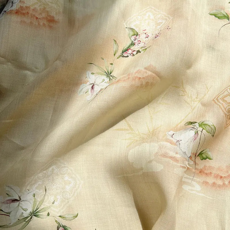 Introducing the Retro Botanical Printed Ramie Fabric by the Yard from Longan Craft—a lightweight, cream-colored ramie material with a gentle sheen. This Chinoiserie-style fabric features delicate floral prints in soft pink and green, complemented by subtle gold and orange accents, all beautifully highlighted under natural sunlight—perfect for crafting elegant blouses.