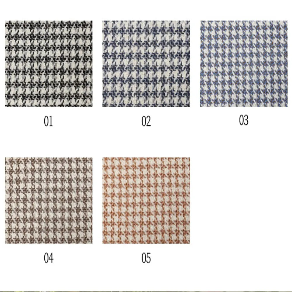 Five rectangular swatches of Retro Houndstooth Jacquard Tweed Fabric By The Yard from Longan Craft, labeled 01 to 05, are arranged in two rows. The classic houndstooth pattern is displayed in black, dark gray, blue, brown, and orange on a vintage-inspired wool-polyester blend tweed material—perfect for creating timeless coats and garments.