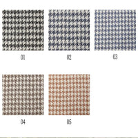 Five rectangular swatches of Retro Houndstooth Jacquard Tweed Fabric By The Yard from Longan Craft, labeled 01 to 05, are arranged in two rows. The classic houndstooth pattern is displayed in black, dark gray, blue, brown, and orange on a vintage-inspired wool-polyester blend tweed material—perfect for creating timeless coats and garments.