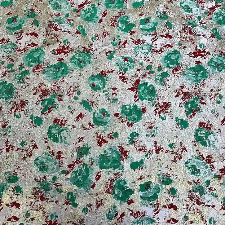 Close-up of Longan Craft's Rose Jacquard Brocade Fabric By The Yard, featuring a golden metallic floral pattern with retro brocade details—ideal for formal dresses and artistic upholstery.