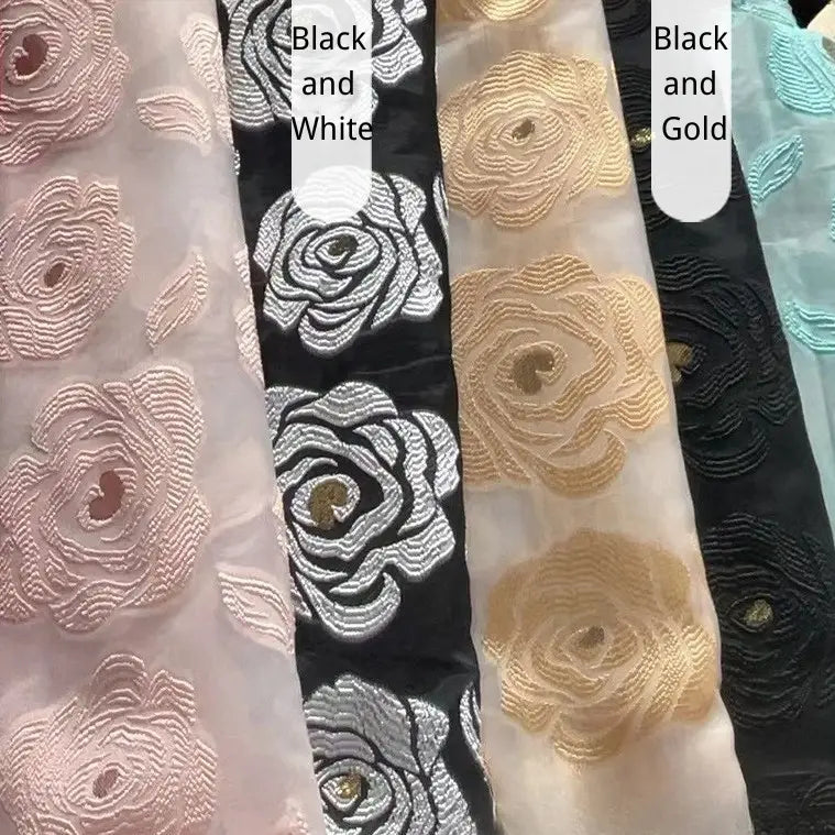 Longan Craft’s Rose Jacquard Organza Fabric By The Yard displays sheer organza with large embroidered roses in pale pink, black and white, black and gold, and white and gold—perfect multicolor vintage fabric for elegant skirts.