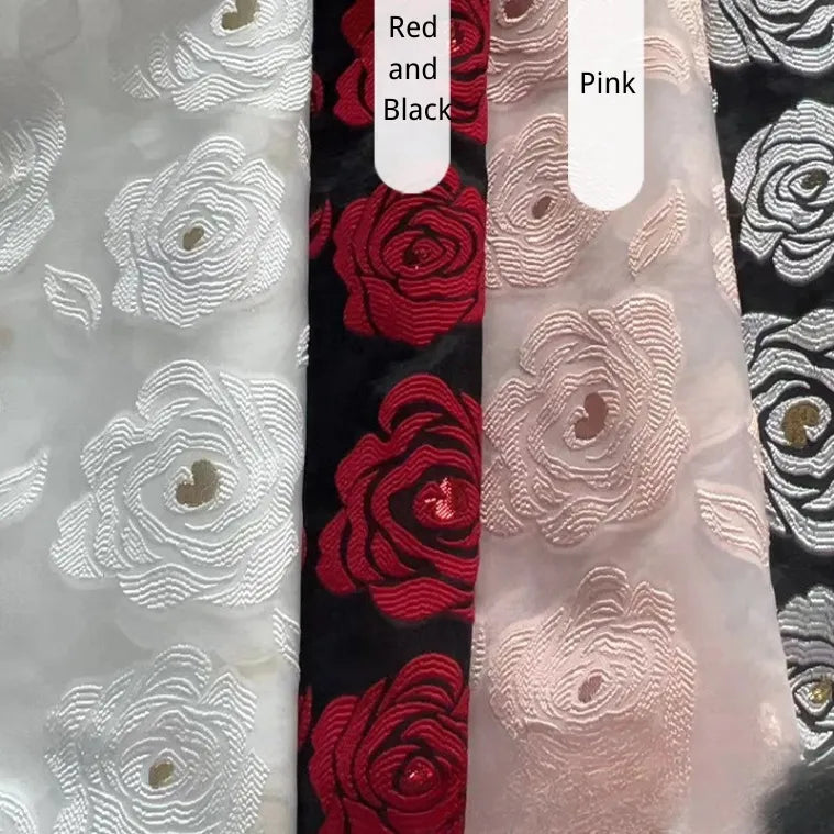 Longan Craft’s Rose Jacquard Organza Fabric features sheer vintage organza with embroidered roses in white on white, Red and Black (red/white on black), Pink (pink on pink), and white on black—ideal for skirts and crafts.