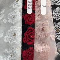 Longan Craft’s Rose Jacquard Organza Fabric features sheer vintage organza with embroidered roses in white on white, Red and Black (red/white on black), Pink (pink on pink), and white on black—ideal for skirts and crafts.