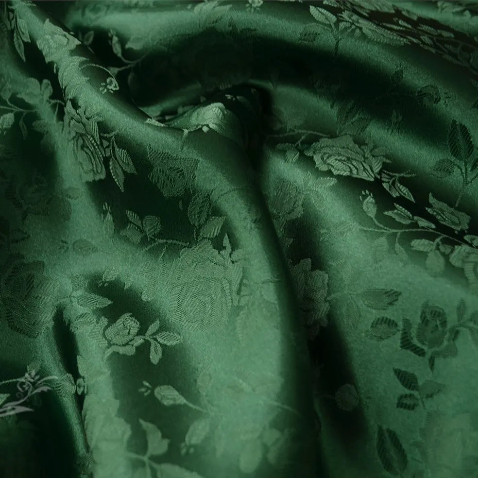 Longan Craft’s Rose Jacquard Satin Fabric By The Yard features colorful polyester with a subtle floral woven pattern, soft sheen, and gentle drape—perfect for costumes and decorative projects.