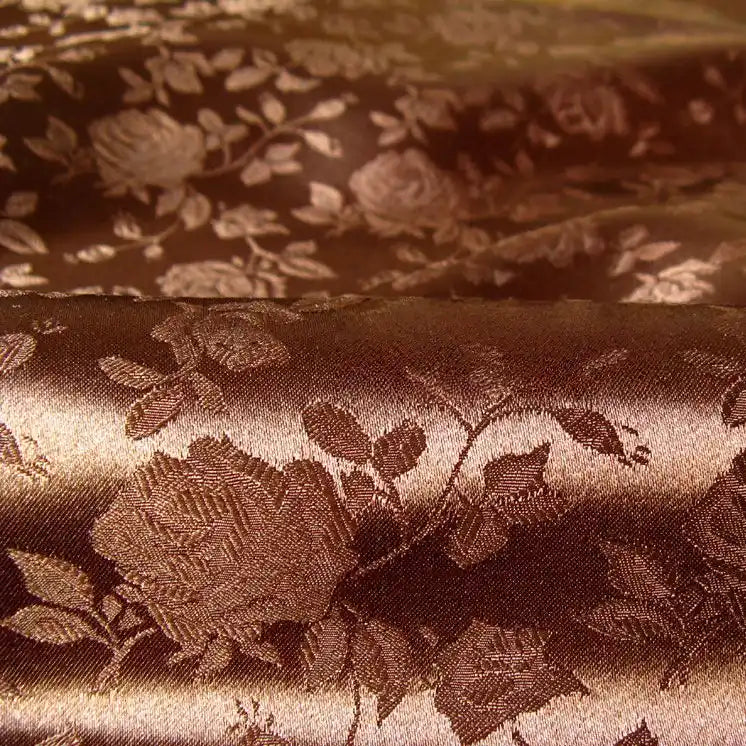 Close-up of Longan Craft's Rose Jacquard Satin Fabric by the yard, a colorful polyester floral jacquard satin material with an elegant rose and leaf pattern—ideal for costumes and luxurious textured projects.