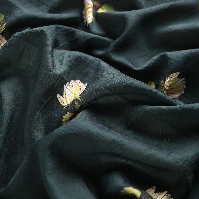 Longan Craft’s Rose Printed Lyocell Fabric by the yard features a botanical embroidered rose pattern on breathable, sustainable lyocell—perfect for dressmaking.