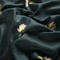 Longan Craft’s Rose Printed Lyocell Fabric by the yard features a botanical embroidered rose pattern on breathable, sustainable lyocell—perfect for dressmaking.