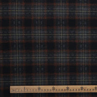 Semi Worsted Plaid Wool Fabric By The Yard in dark charcoal and red plaid, shown with a ruler at the bottom for scale.