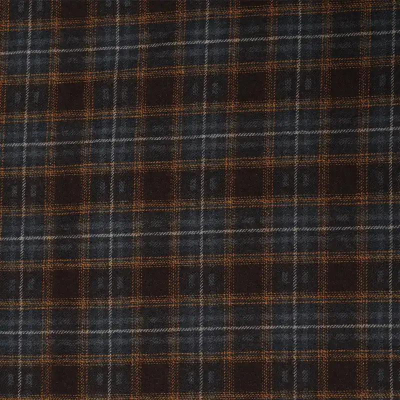 Semi Worsted Plaid Wool Fabric By The Yard in dark brown, gray, and orange with a plaid pattern.