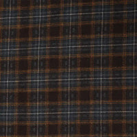 Semi Worsted Plaid Wool Fabric By The Yard in dark brown, gray, and orange with a plaid pattern.