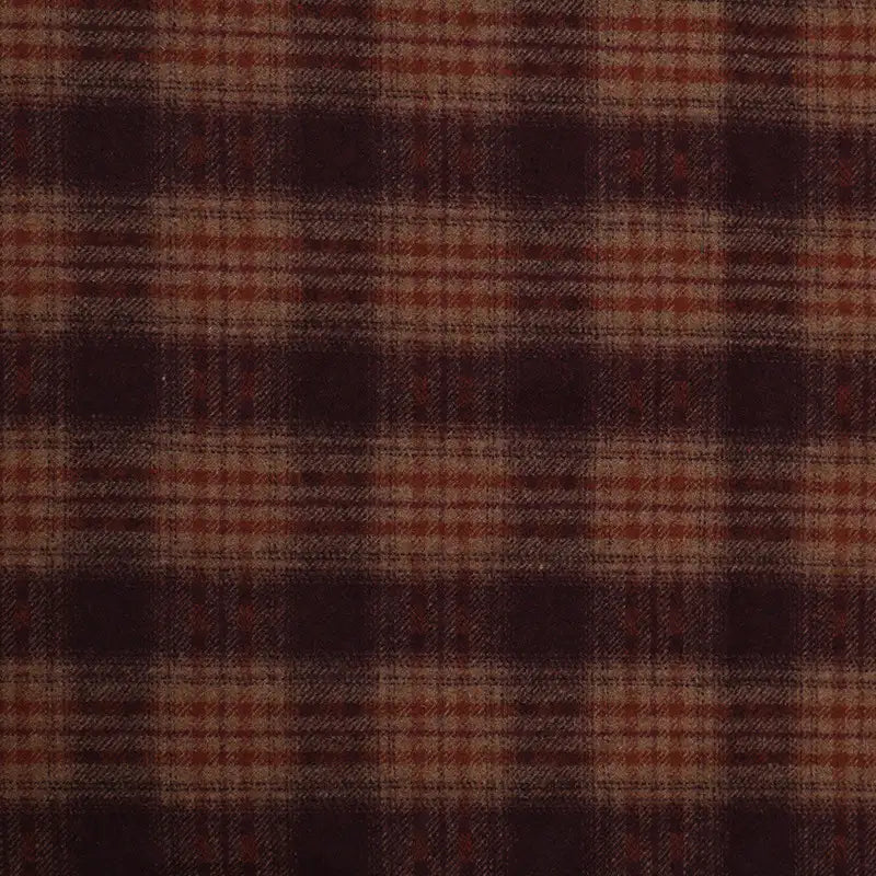 Semi Worsted Plaid Wool Fabric By The Yard in a dark brown and rust red checked pattern.