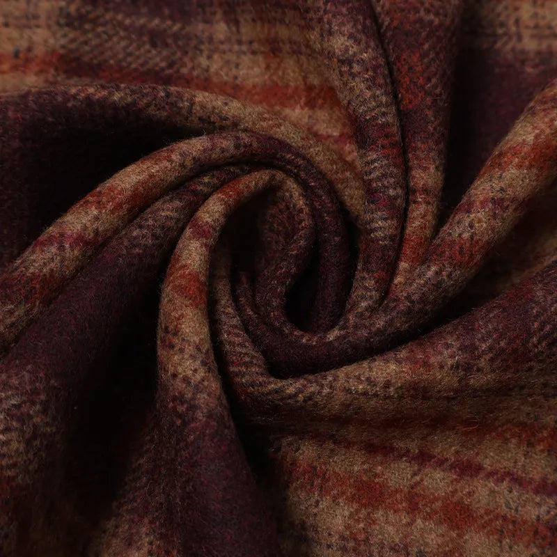 Semi Worsted Plaid Wool Fabric By The Yard in a swirl of dark red and brown semi-worsted wool with a plaid pattern.