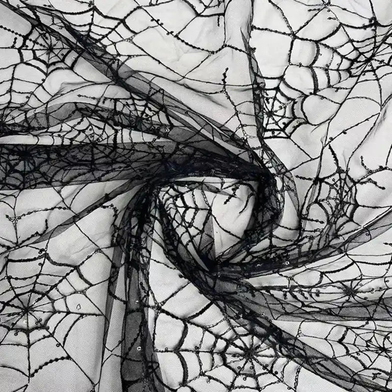 SequinEmbroideredTulleFabricByTheYardSpiderWebTulleFabricForHalloweenDecoration