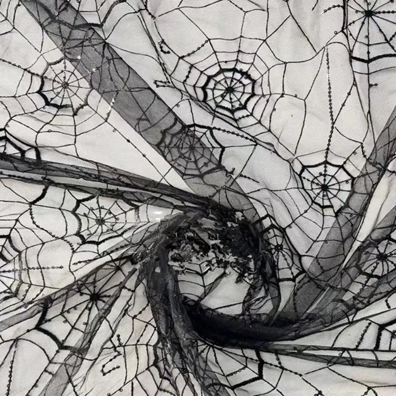 SequinEmbroideredTulleFabricByTheYardSpiderWebTulleFabricForHalloweenDecoration