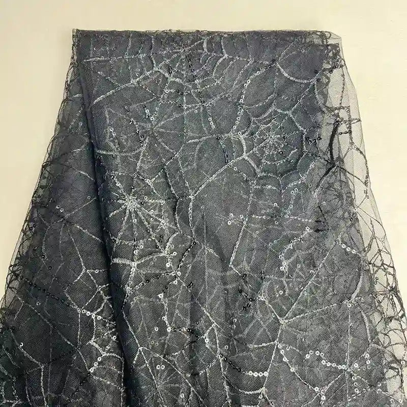 SequinEmbroideredTulleFabricByTheYardSpiderWebTulleFabricForHalloweenDecoration