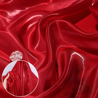 A close-up of Shiny Liquid Organza Fabric By The Yard by Longan Craft shows its colorful glossy finish and smooth folds. An inset displays a hand holding the sheer, luxury organza gown material, highlighting its transparent, silky texture.