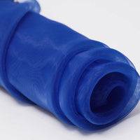 A close-up of Longan Craft's Silky Polyester Organza Fabric By The Yard shows its premium, soft, sheer texture in royal blue—ideal for bridal gowns or evening dresses. This lightweight material offers a shiny finish and slight transparency.
