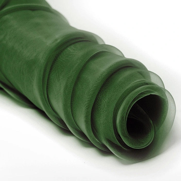 A close-up of Longan Craft’s Silky Polyester Organza Fabric by the yard in dark green, a premium, soft and sheer bridal organza material with a smooth, translucent texture, perfect for gowns or dresses, displayed on a white surface.