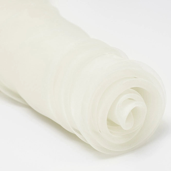 A close-up of Longan Craft’s Silky Polyester Organza Fabric By The Yard, a premium soft and sheer solid color organza material, unrolled to showcase its delicate translucence—ideal for bridal gowns and evening dresses.