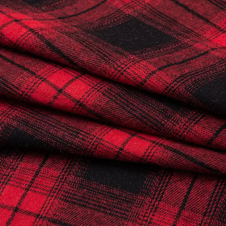 Single Sided Sueded Plaid Flannel Fabric By The Yard from Longan Craft is a medium weight polyester cotton textile in a classic red and black plaid pattern, featuring intersecting lines that form squares. This premium soft flannel clothing material is known for its cozy feel and brushed texture, making it ideal for comfortable garments.