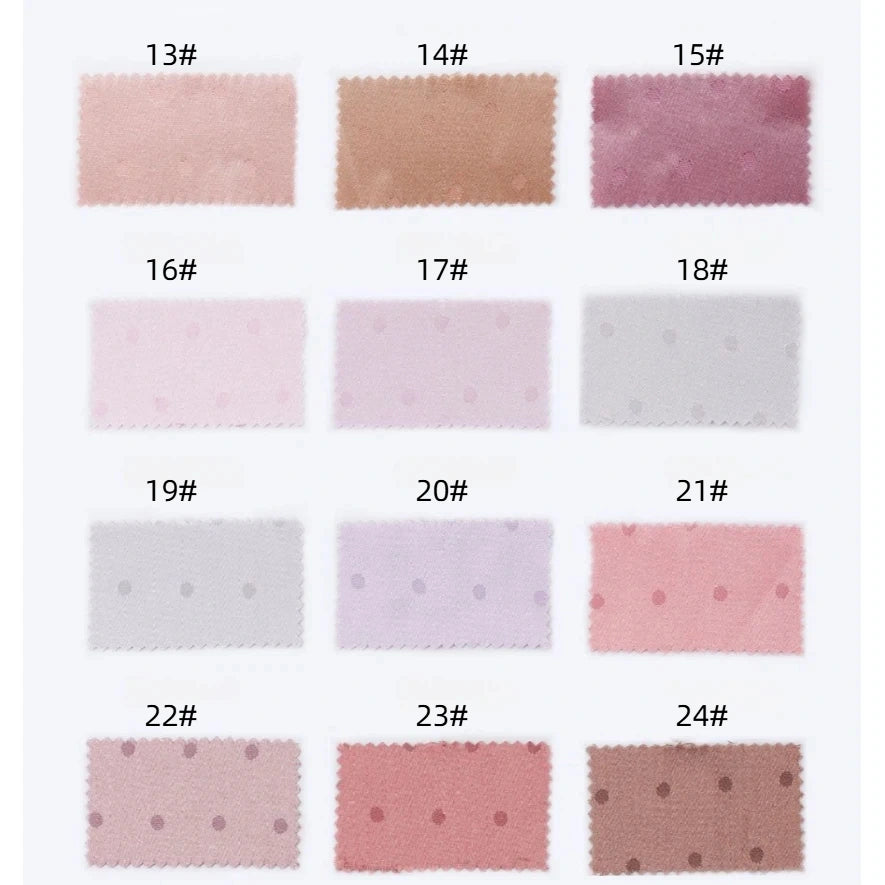 A chart displays 12 soft-toned satin swatches (#13–24) from Longan Craft’s Small Polka Dot Jacquard Satin Fabric by the Yard, with solid and polka dot designs in shades of pink, grey, brown, and purple.