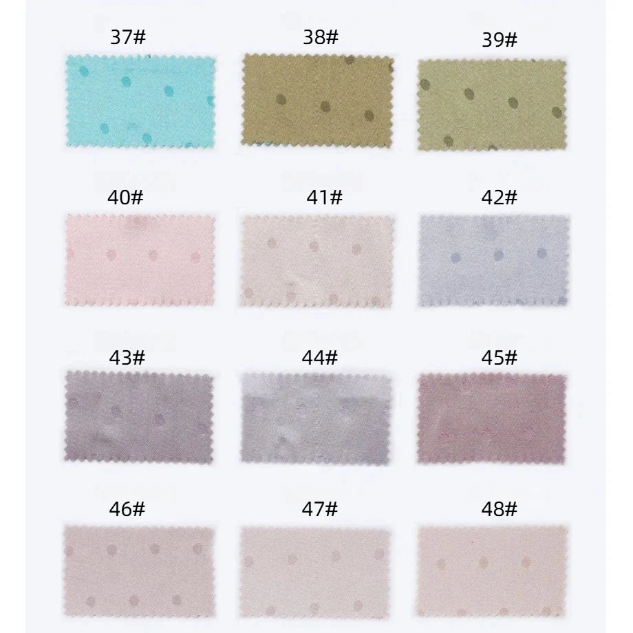 Sixteen numbered swatches (37#–48#) of Longan Craft’s Small Polka Dot Jacquard Satin Fabric By The Yard, in assorted colors, are displayed in four rows of four on a white background.