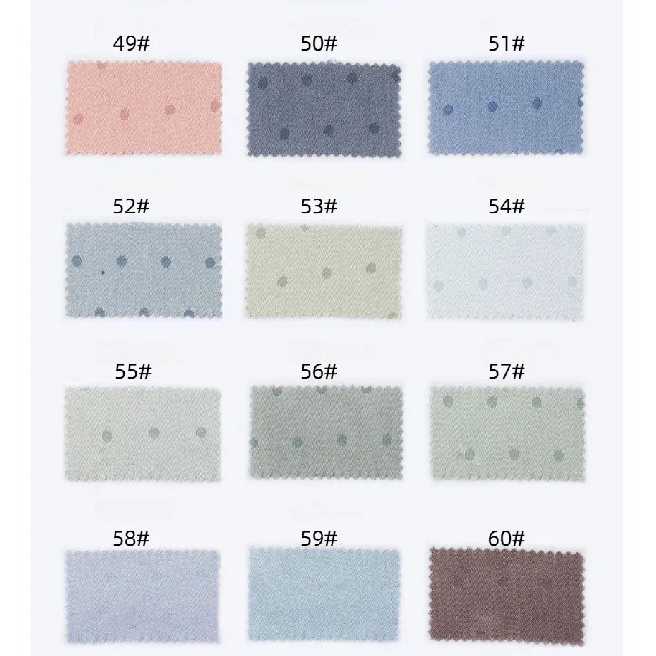 Fifteen rectangular swatches of Longan Craft Small Polka Dot Jacquard Satin Fabric By The Yard, labeled 49# to 60#, are shown in three rows. The cozy satin comes in muted pink, blue, gray, green, and brown shades with a multicolor dot texture.