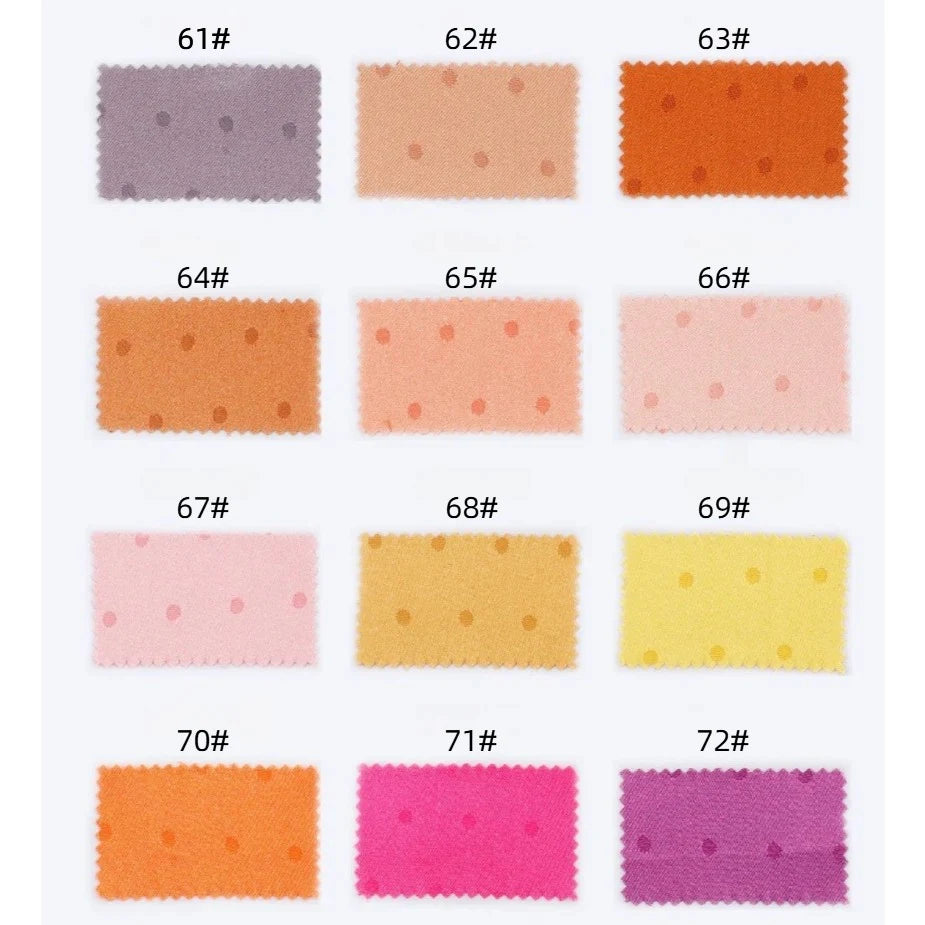 Twelve Longan Craft Small Polka Dot Jacquard Satin Fabric swatches (#61–72), in purple, peach, orange, pink, and yellow shades with zigzag edges, are displayed in a 3x4 grid on a white background.